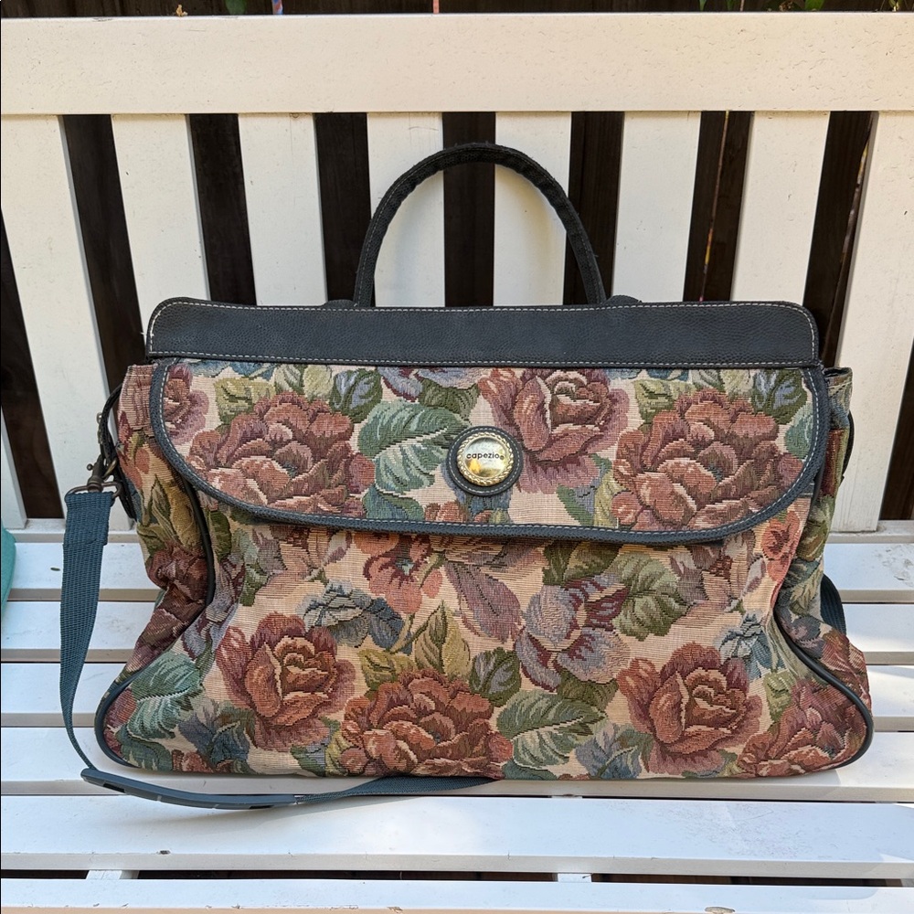 Huge Italian Vintage Floral Tapestry Travel Bag caviar leather trim shoulder bag